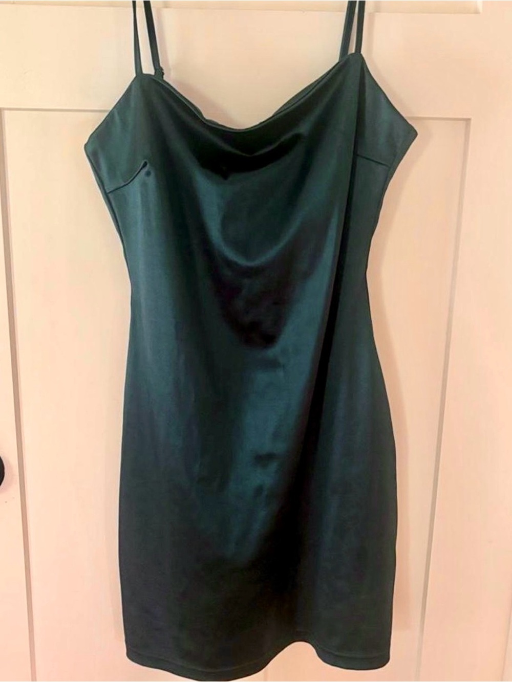 All in Favor Emerald Green Satin Cowl Slip Mini Dress